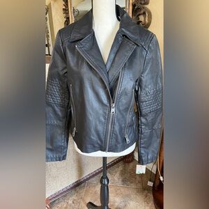 NWT LEVI'S womens black faux vegan leather ribbed sleeve moto‎ jacket size large